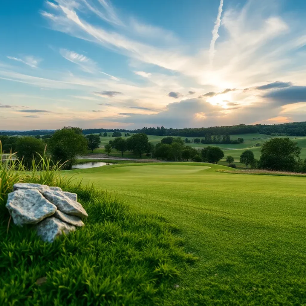 Close up of a stunning golf course with vibrant green grass and clear skies.