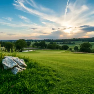 Close up of a stunning golf course with vibrant green grass and clear skies.
