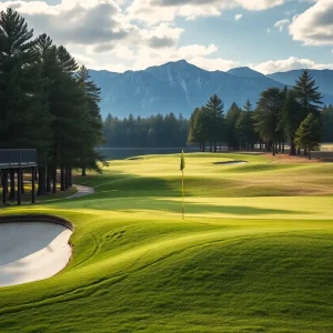 Close up of a beautiful golf course with vibrant grass and scenic views.