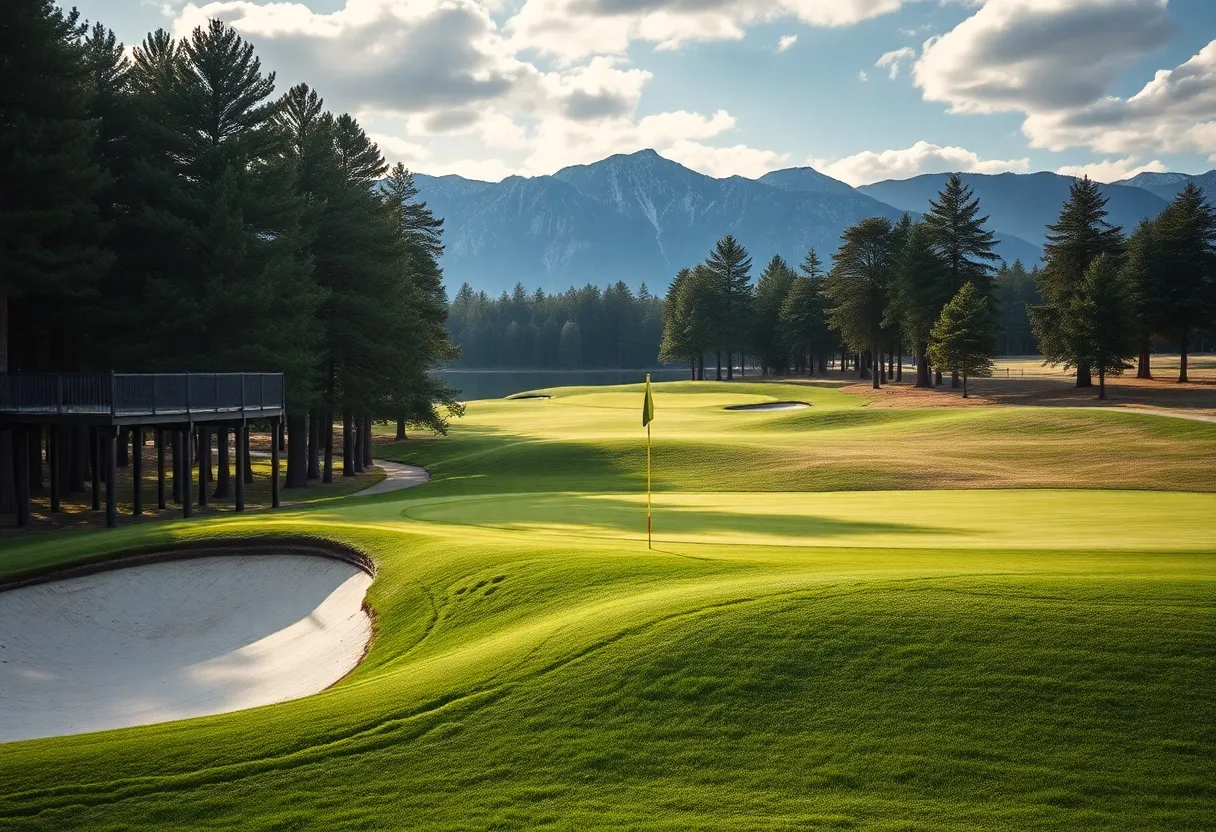 Close up of a beautiful golf course with vibrant grass and scenic views.
