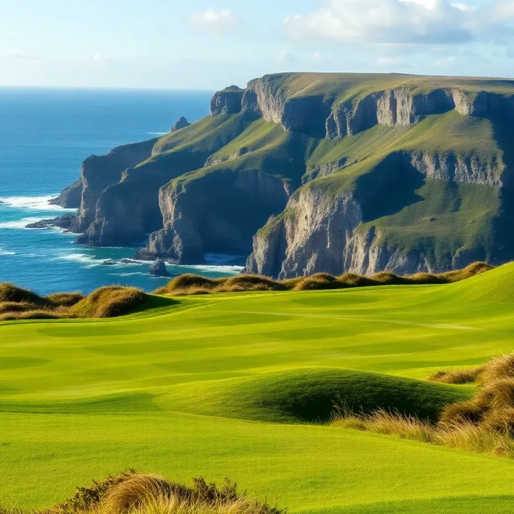 A stunning aerial view of the Pebble Beach golf course during a tournament.