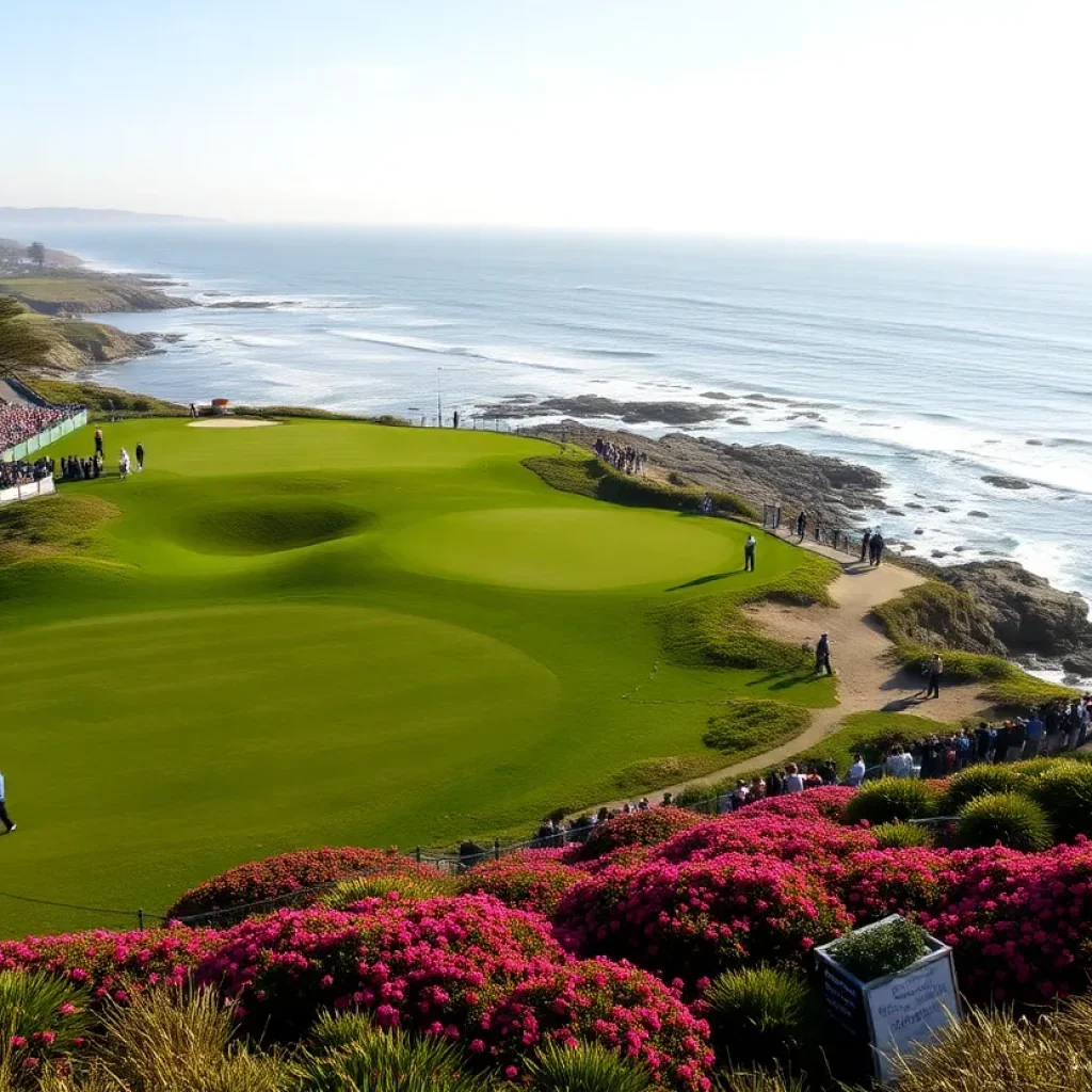 Golf tournament scene at Pebble Beach with players and crowd