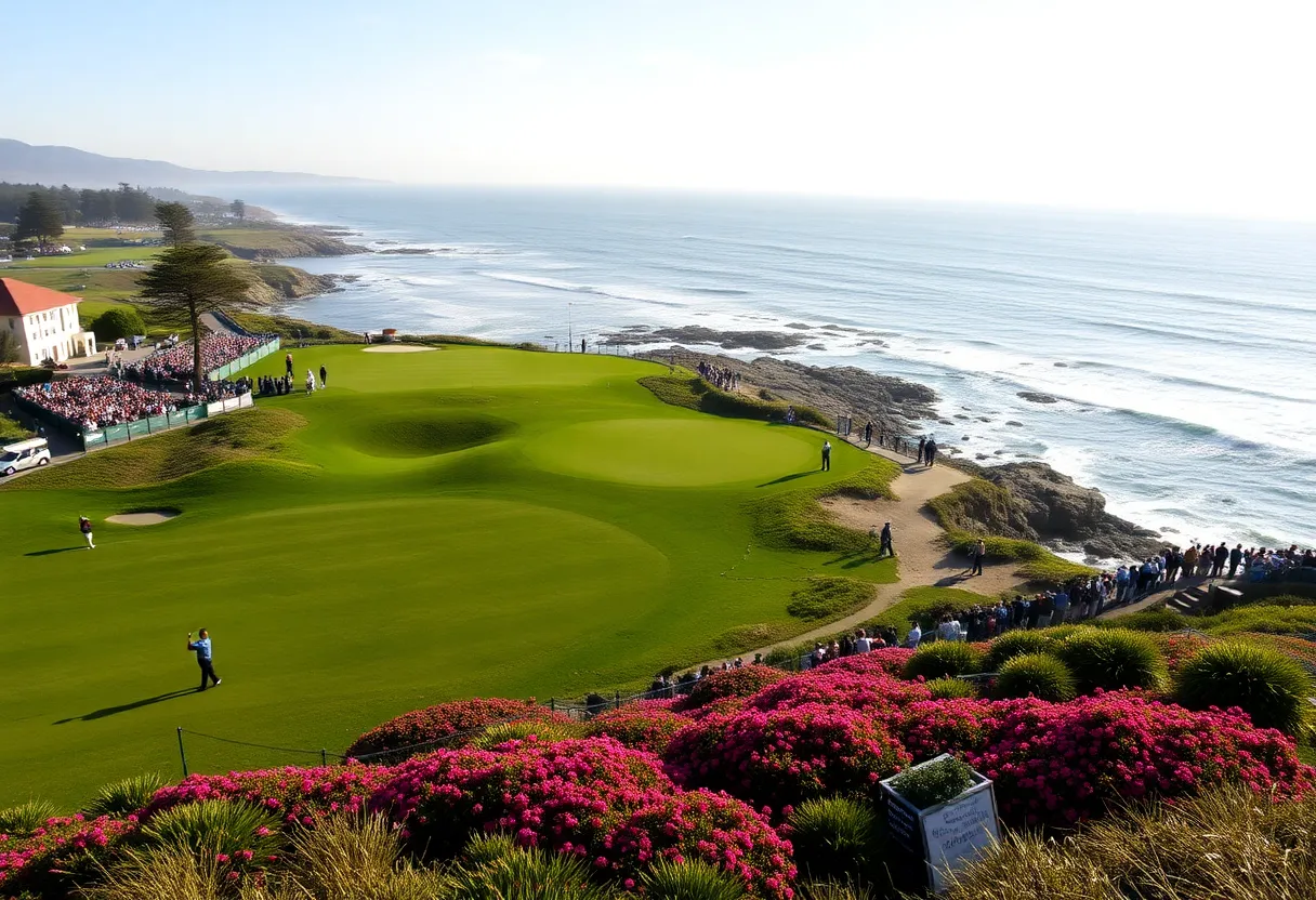 Golf tournament scene at Pebble Beach with players and crowd