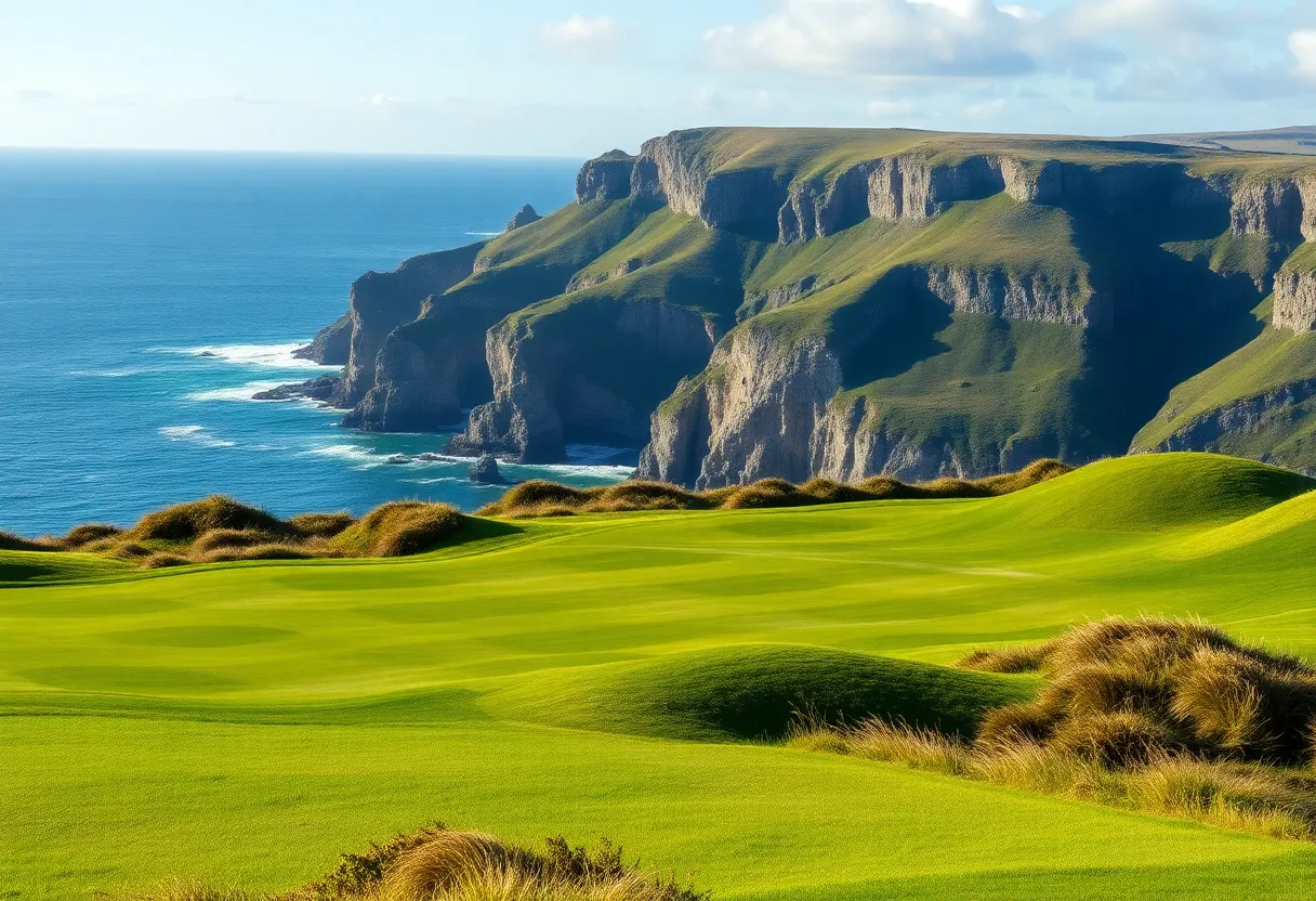 A stunning aerial view of the Pebble Beach golf course during a tournament.