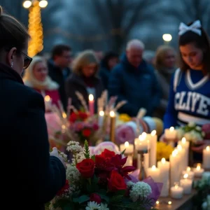 Candles and flowers set up in remembrance of a young cheerleader