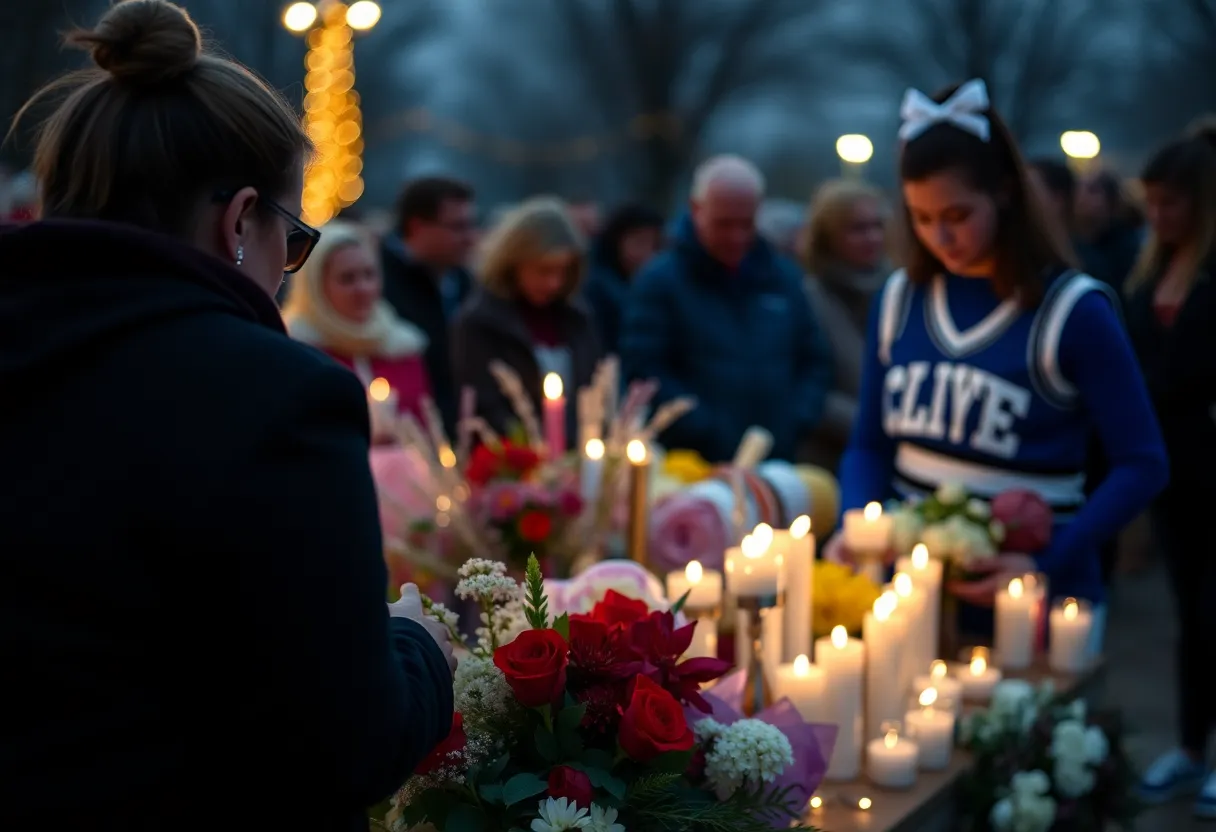Candles and flowers set up in remembrance of a young cheerleader
