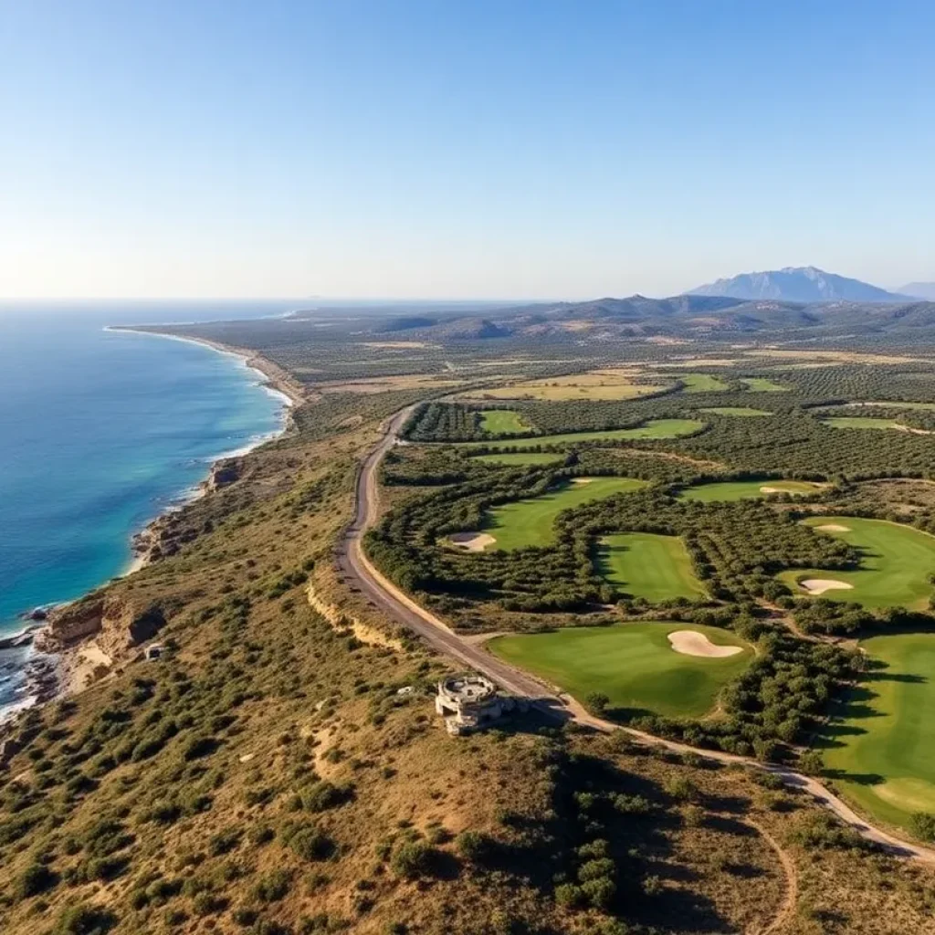Scenic view of Costa Navarino golf course overlooking the Mediterranean.