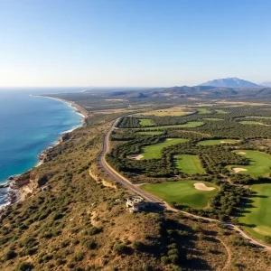 Scenic view of Costa Navarino golf course overlooking the Mediterranean.