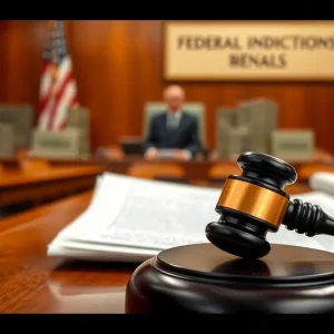 A courtroom scene illustrating a federal indictment process.