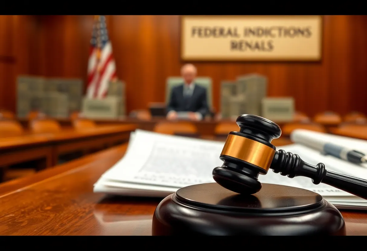 A courtroom scene illustrating a federal indictment process.