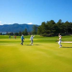 Golfers celebrating after scoring hole-in-ones at Pebble Beach