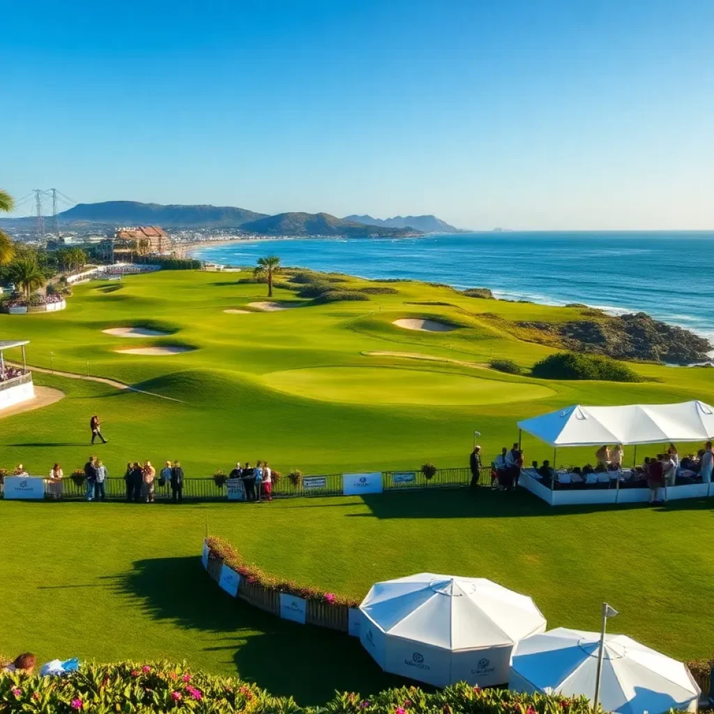 Beautiful golf course with players preparing for a tournament