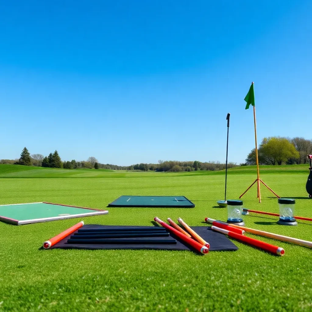 Various golf training aids including putting mats and alignment sticks