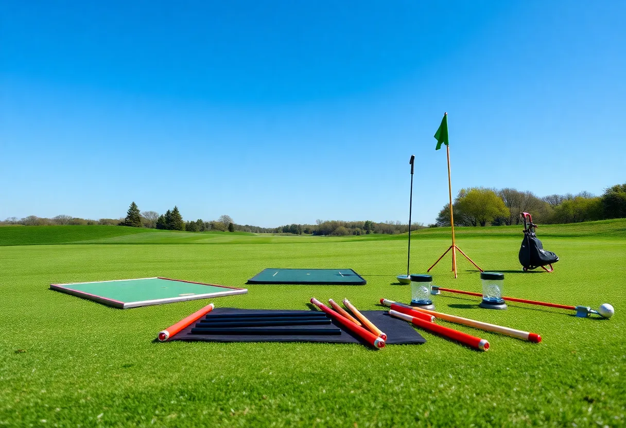 Various golf training aids including putting mats and alignment sticks