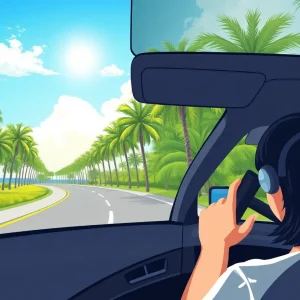 Illustration of a Florida driver using a hands-free device on the road.