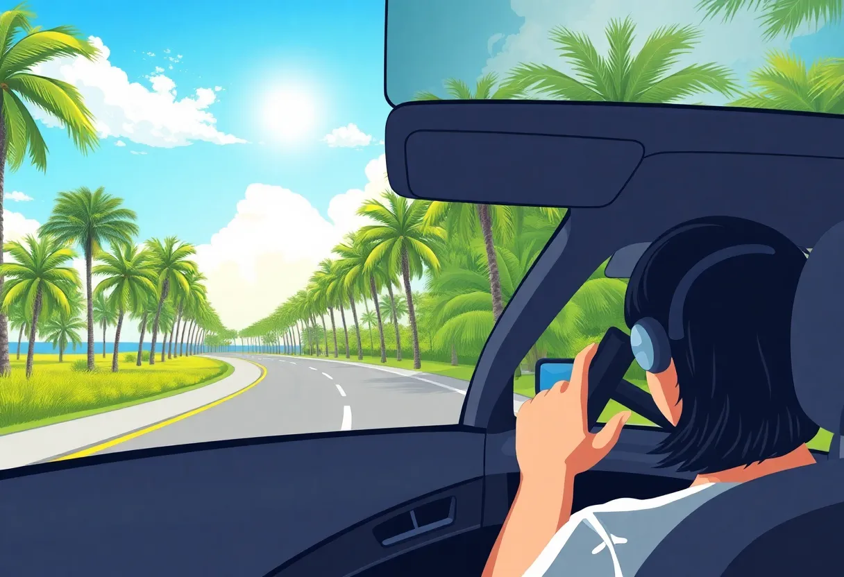 Illustration of a Florida driver using a hands-free device on the road.