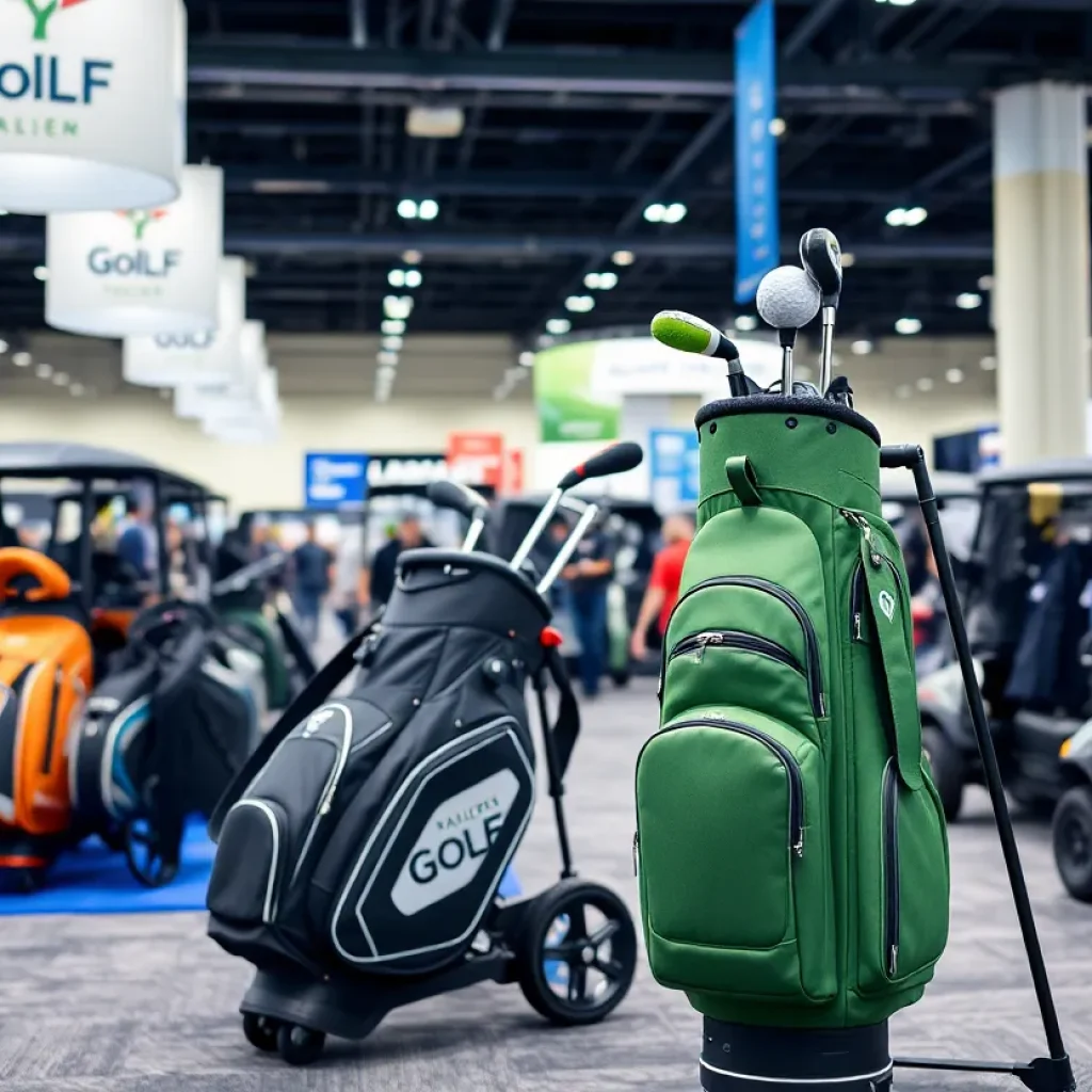 Exhibits showcasing innovative golf products at the PGA Merchandise Show.