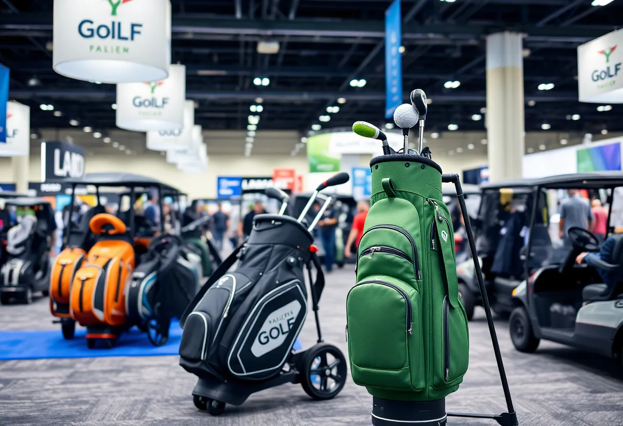 Exhibits showcasing innovative golf products at the PGA Merchandise Show.