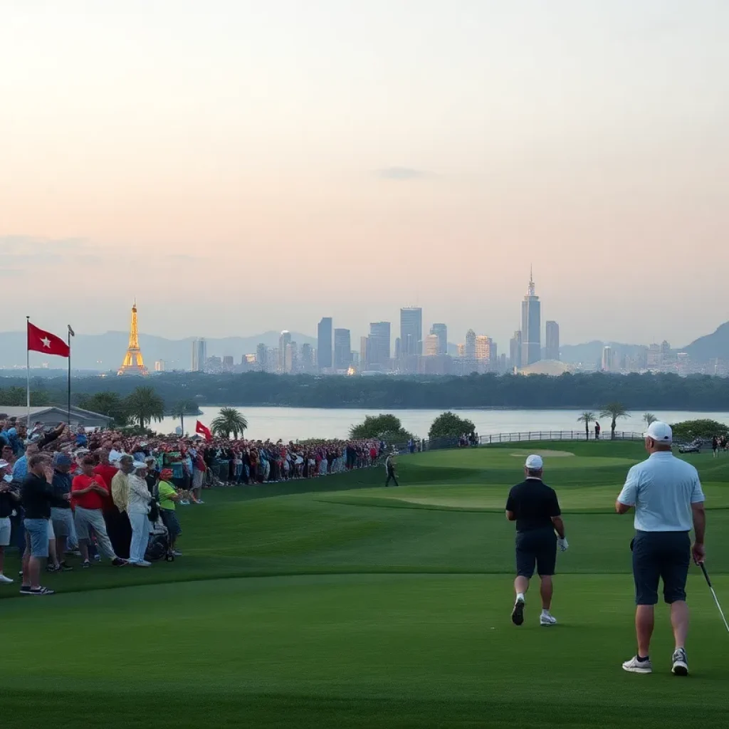Golfers playing under lights during the International Series India