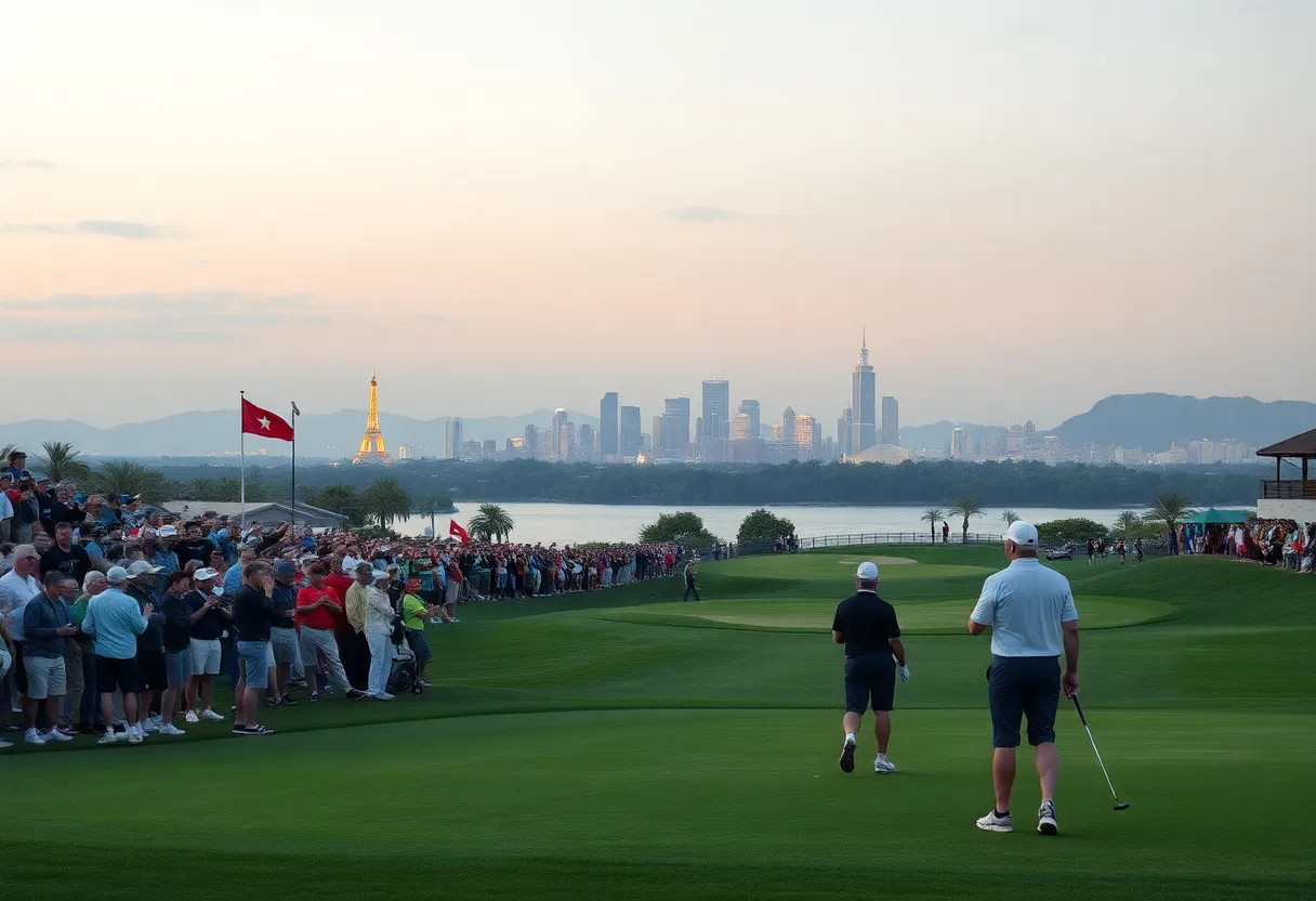 Golfers playing under lights during the International Series India