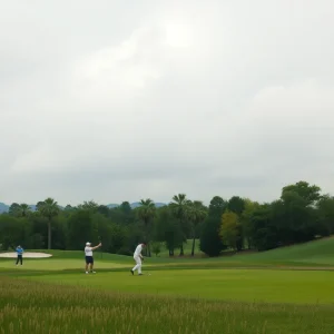 Golfers competing at the Jack Hesler Tournament in rainy conditions