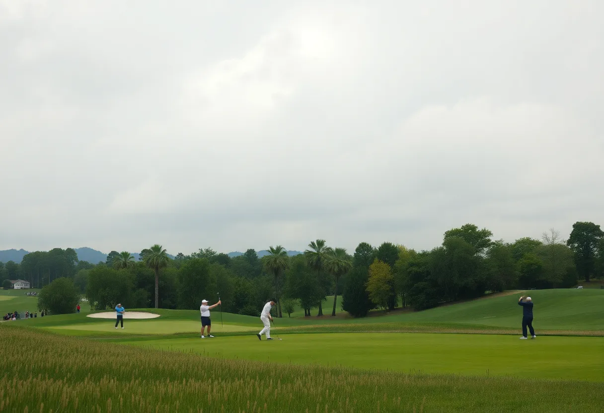 Golfers competing at the Jack Hesler Tournament in rainy conditions