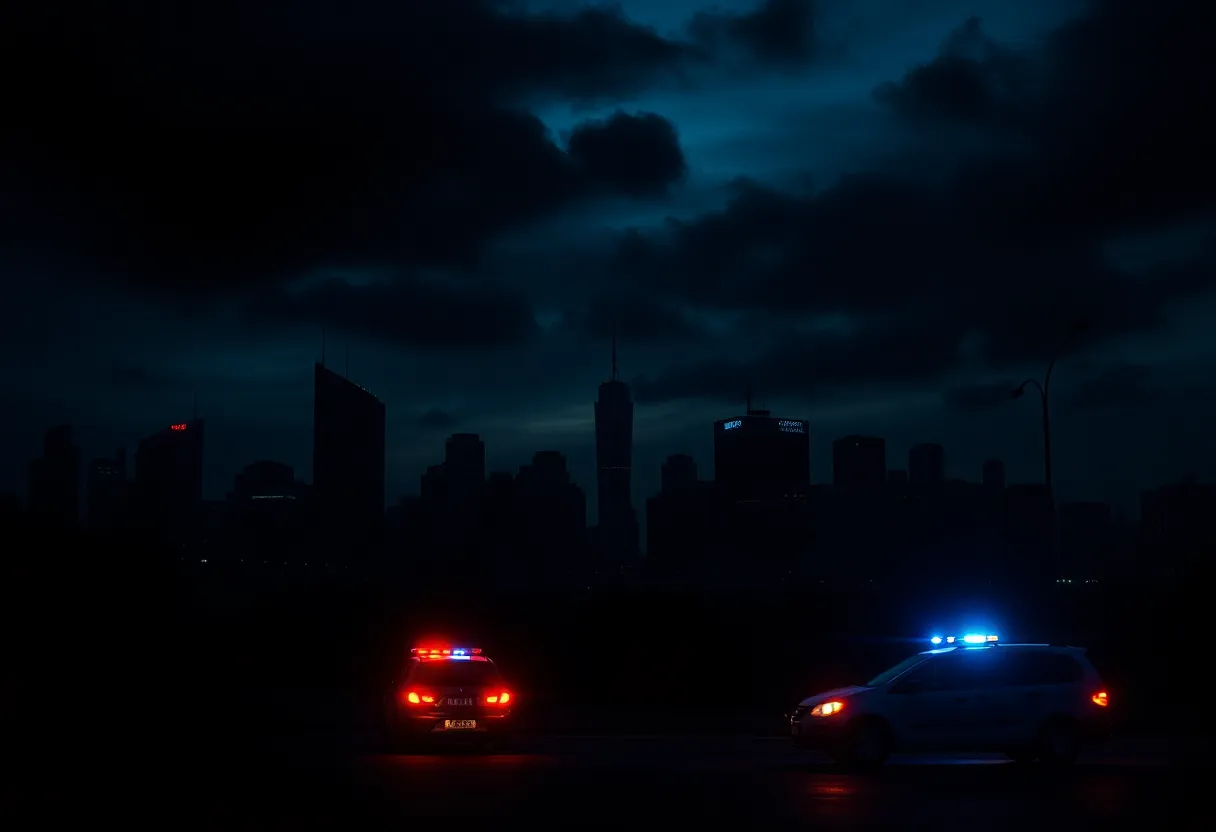 Dark night scene of Jacksonville city with police cars illustrating crime investigation