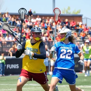 College lacrosse players competing during a game