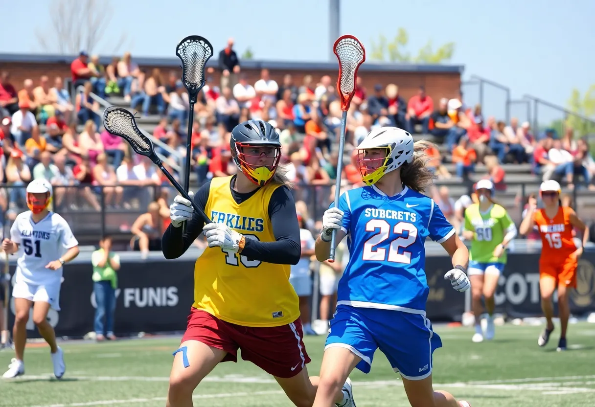 College lacrosse players competing during a game