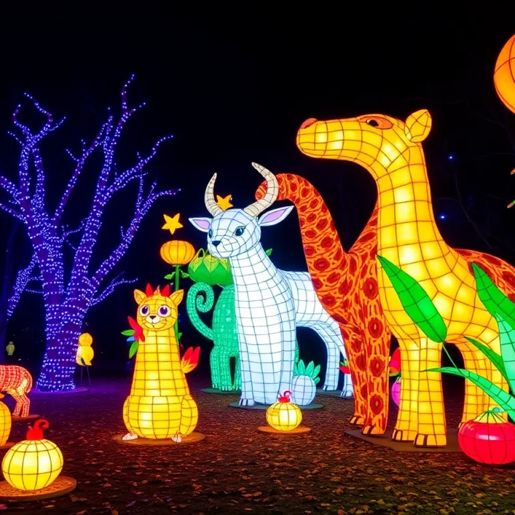 Colorful lantern sculptures at Jacksonville Zoo during the Colors of the Wild event
