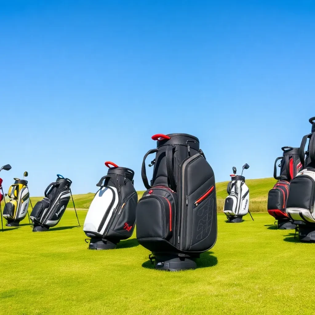 Various lightweight golf bags displayed on a golf course