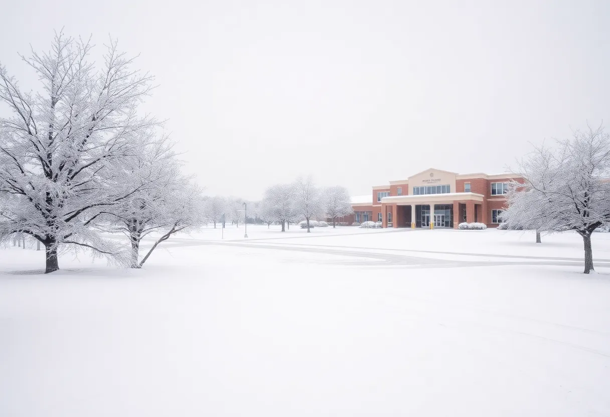 Snowy scene of schools in Northeast Florida during winter storm