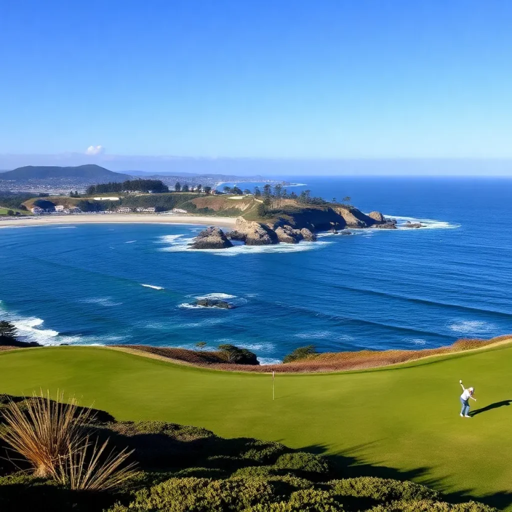 Scenic view of Pebble Beach Golf Links with ocean backdrop
