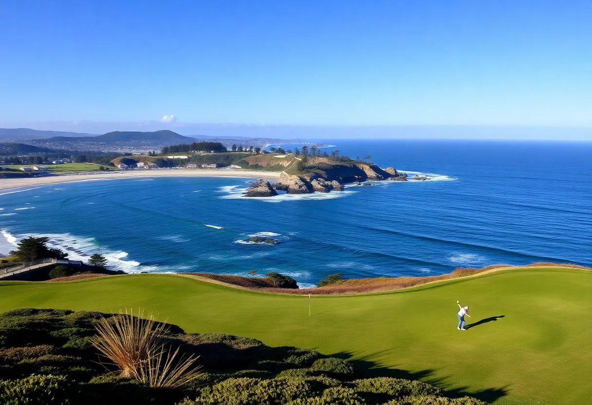 Scenic view of Pebble Beach Golf Links with ocean backdrop
