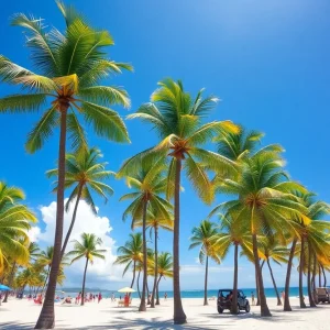 A vibrant beach scene displaying sunny weather in South Florida