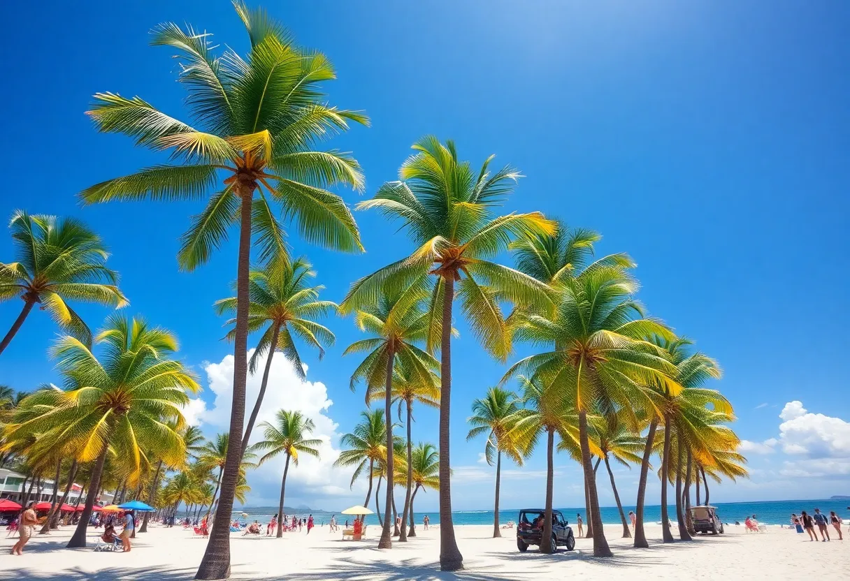 A vibrant beach scene displaying sunny weather in South Florida