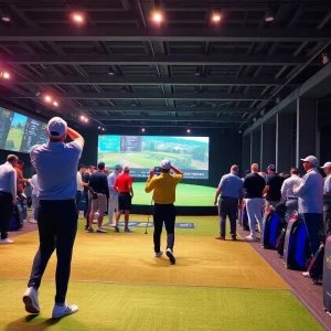 Players participating in the TGL Golf League with modern technology