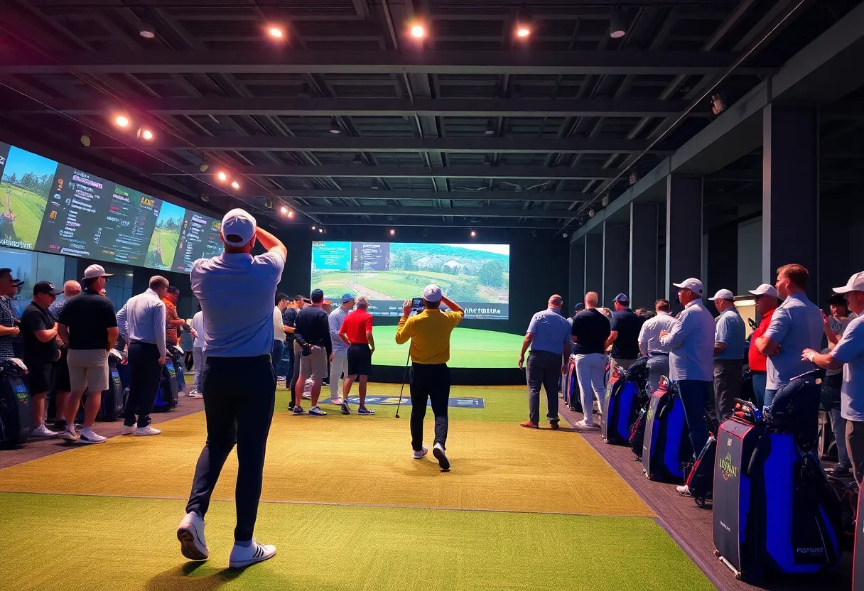 Players participating in the TGL Golf League with modern technology