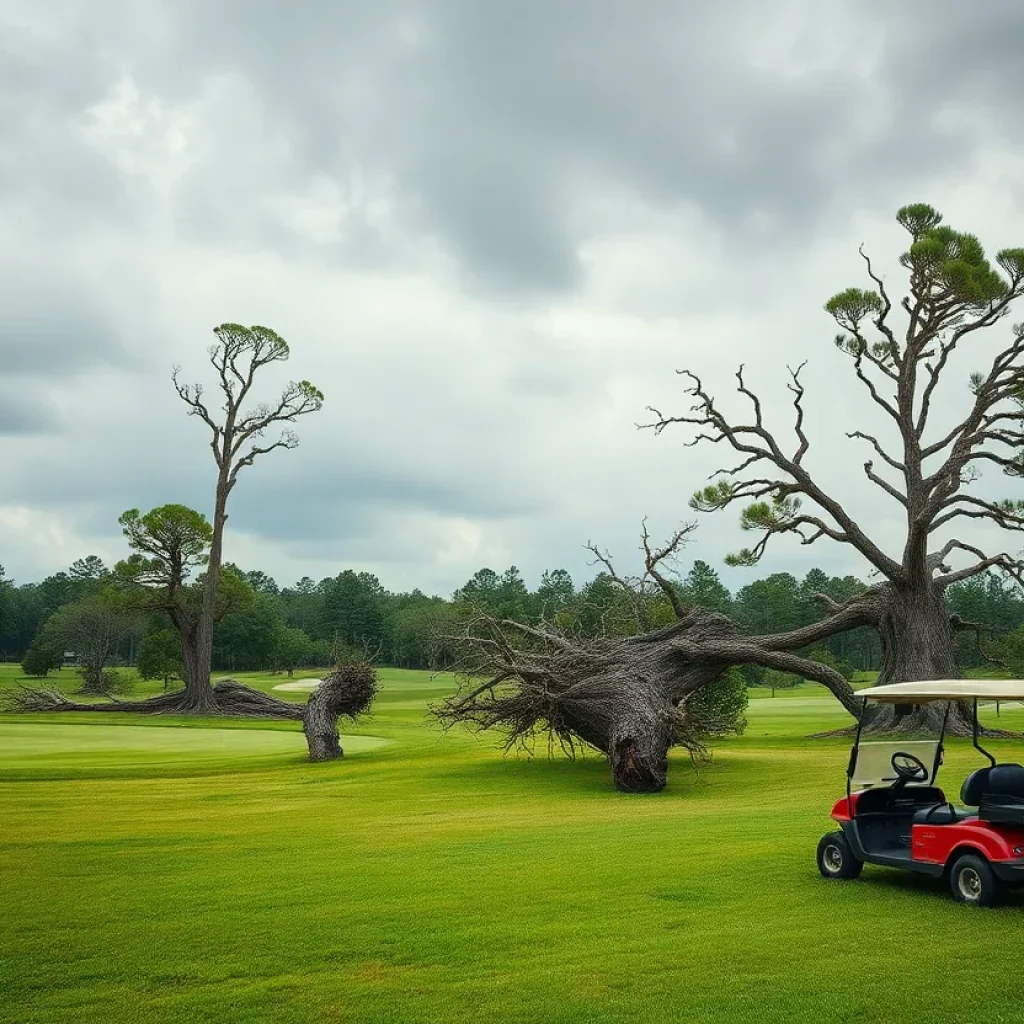Tornado damage at Payne's Valley Golf Course with overturned carts and fallen trees