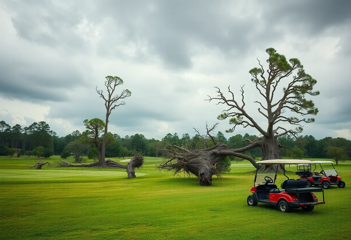 Tornado damage at Payne's Valley Golf Course with overturned carts and fallen trees