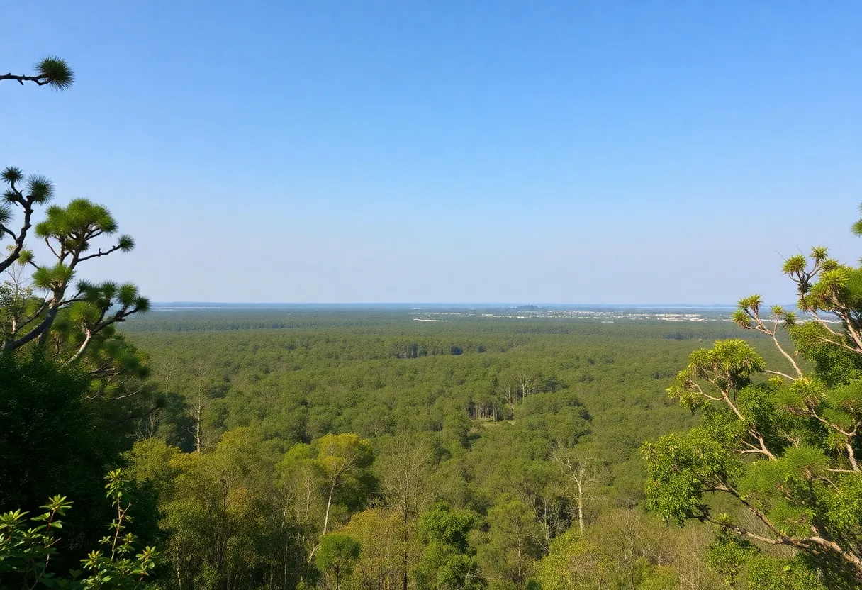 Aerial image depicting Withlacoochee State Forest and conceptual design of a luxury golf resort.