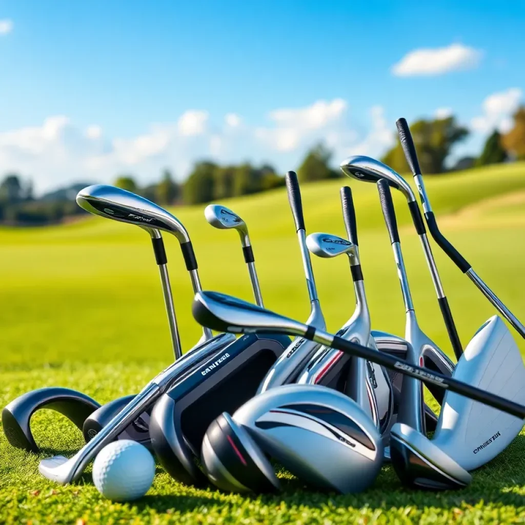 Display of women's golf club sets on a golf course