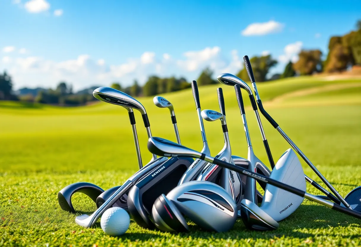 Display of women's golf club sets on a golf course