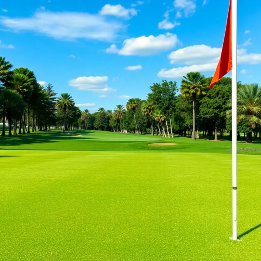 Close up of a beautiful golf course with manicured lawns.