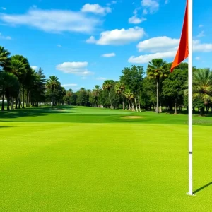 Close up of a beautiful golf course with manicured lawns.