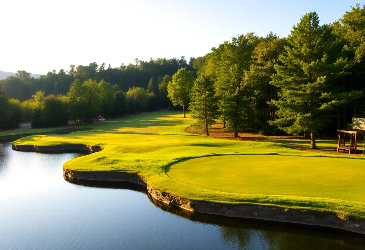 Close-up of a beautiful golf course with vibrant green grass and stunning landscape.