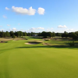 Close-up view of a beautiful golf course with well-maintained greens and clear skies