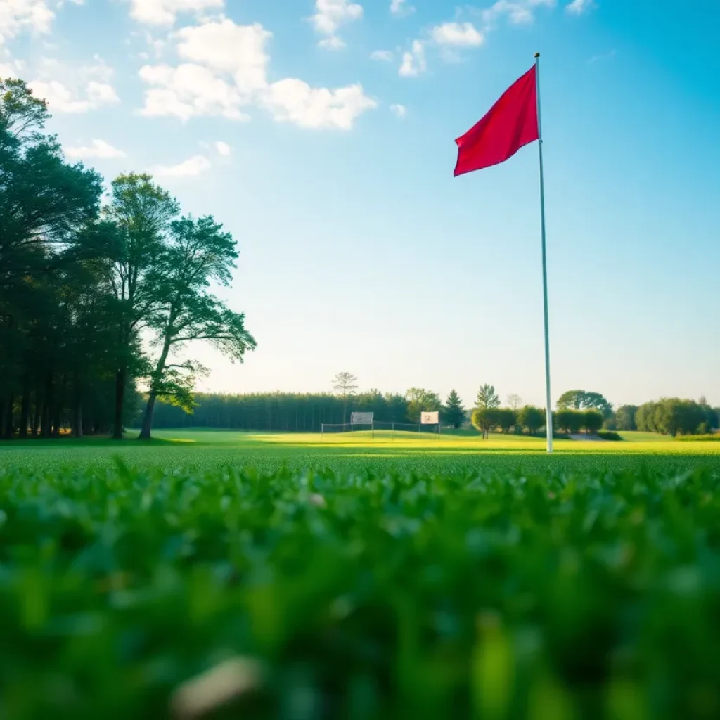 Close up of a beautiful golf course surrounded by greenery.