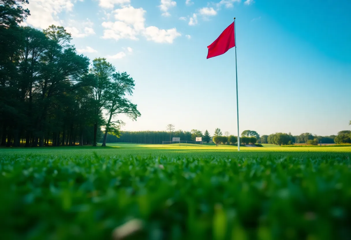 Close up of a beautiful golf course surrounded by greenery.