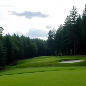 A close up view of a beautiful golf course with well-manicured grass.